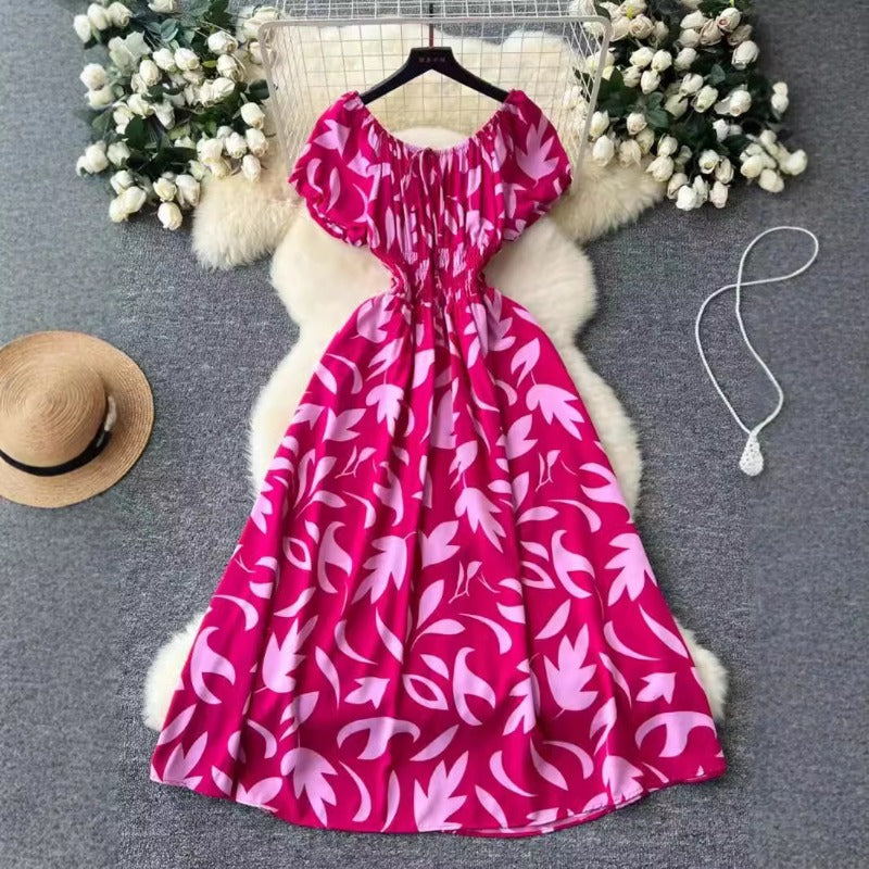 Coffee Break French Retro Crew Neck Lace-Up Bubble Sleeve Waist Printed Dress Women's Skinny Temperament Over Knee Medium Dress