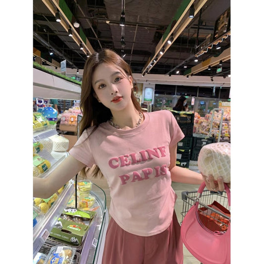 Ice silk threaded, foam letter short-sleeved T-shirt women's summer slim-fit short pleated top