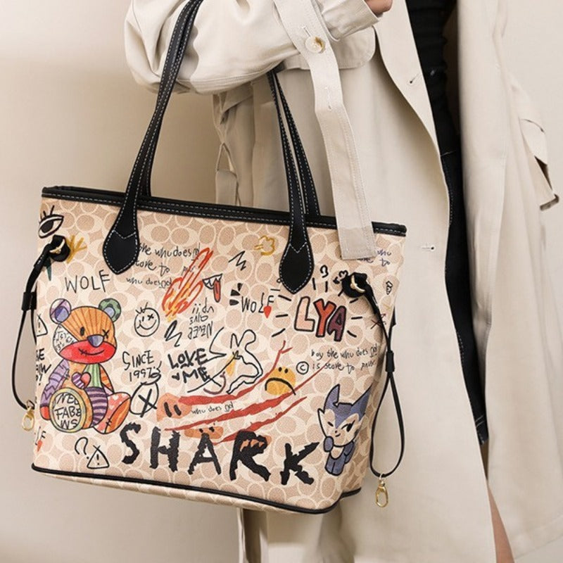 2025 new bag cartoon bear soft skin graffiti printing tote bag handbag large capacity