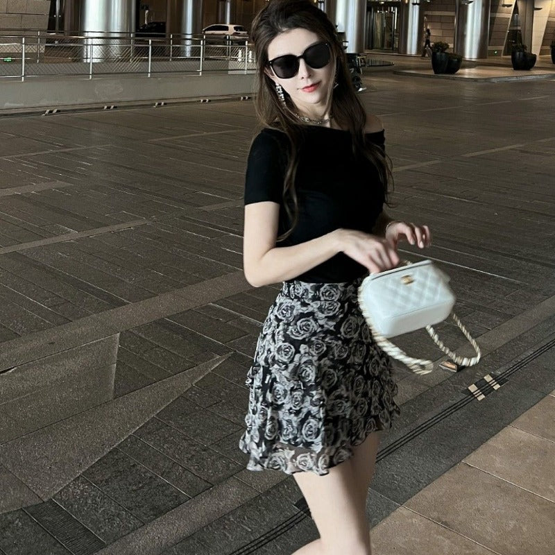 Foreign style high waist and thin ruffle edge floral skirt women's summer new retro French temperament versatile skirt