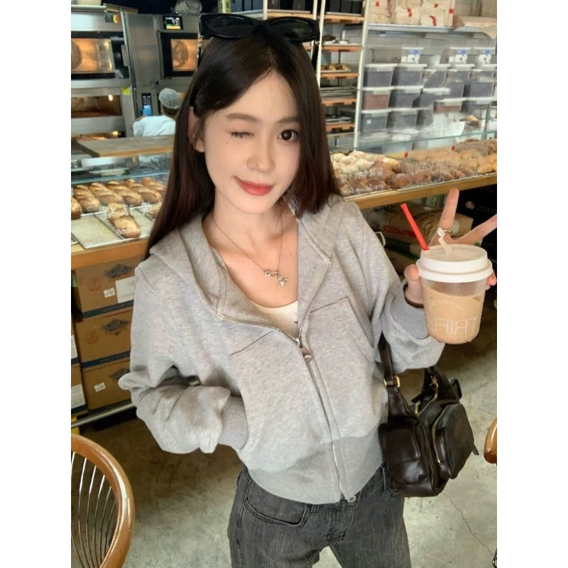 Grey hooded sweater jacket women's early spring 2025 new zipper cardigan short top