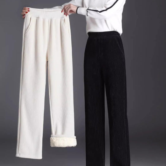 Stay Warm and Stylish with 150cm Petite Women's Narrow-Fit Snowy Corduroy Pants - Thickened with Lamb Wool and 145cm High-Waisted