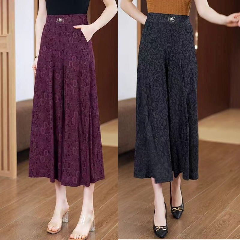 Summer middle-aged and elderly national style women's pants new wide-leg pants women's high waist and thin large size loose casual pants mother culottes