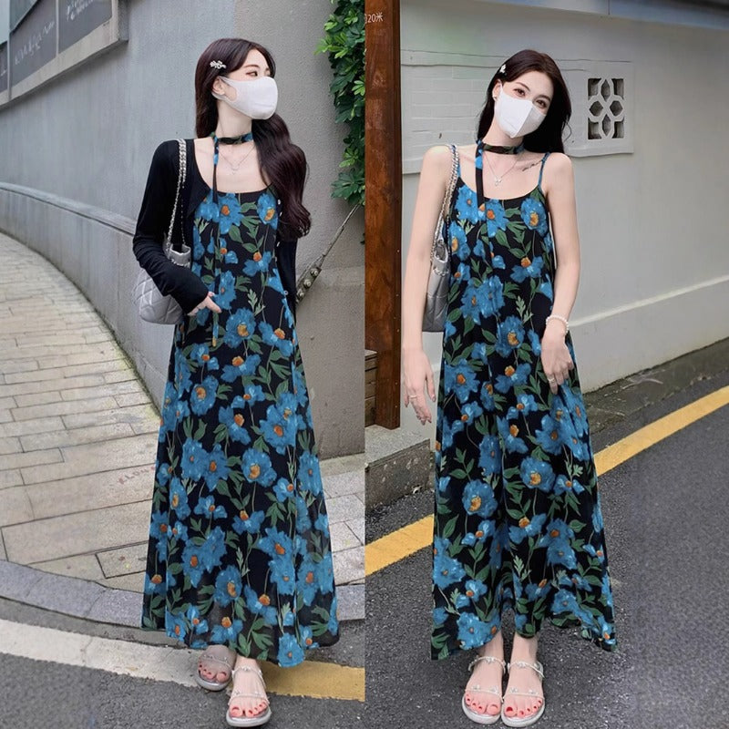 2025 new French seaside vacation dress texture high sense blue color sleeveless suspender dress women's summer