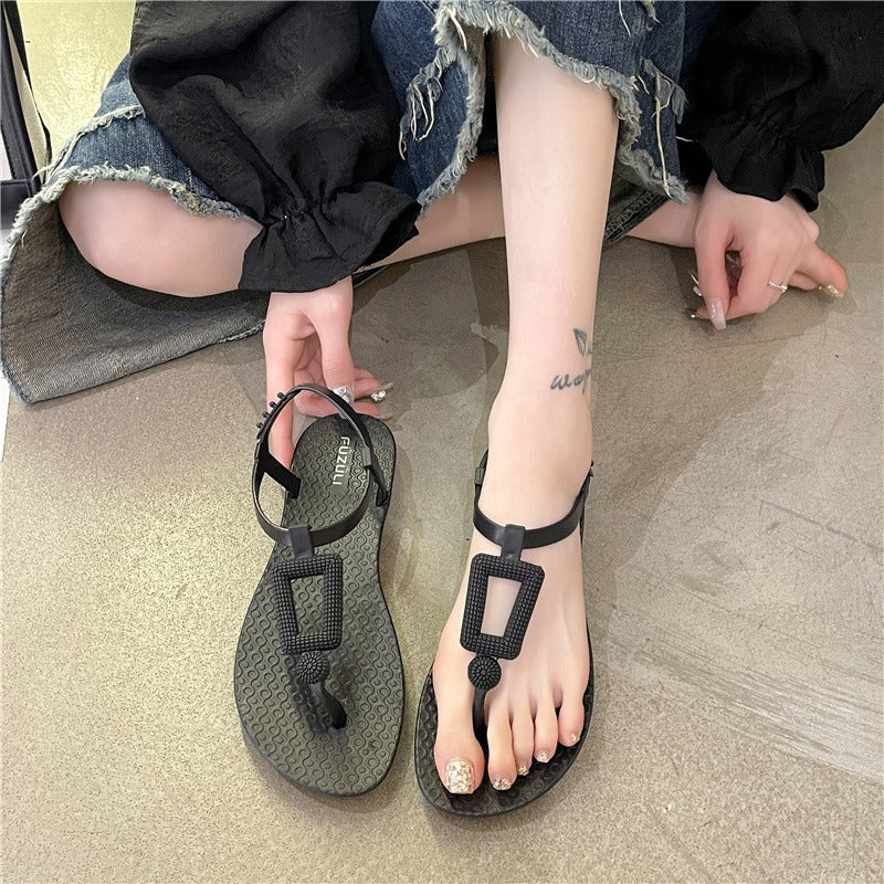 Roman sandals women's summer outer wear new Korean version fashion one-word buckle strap student non-slip flat-bottomed cool slippers