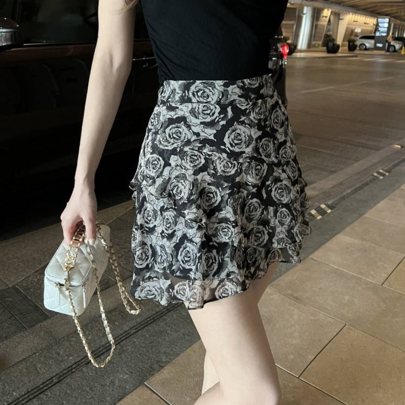 Foreign style high waist and thin ruffle edge floral skirt women's summer new retro French temperament versatile skirt
