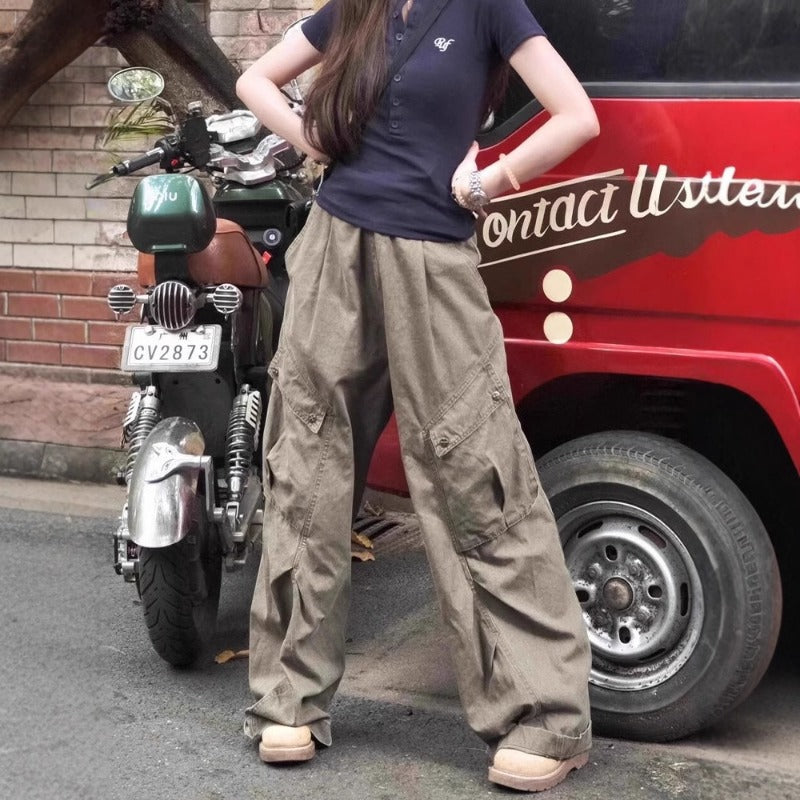 American hip-hop wide-leg overalls jeans women's pleated high-waisted loose straight mopping denim overalls