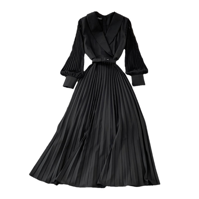 Spring French retro suit collar strap waist thin pleated dress commuter fashion high waist big swing dress