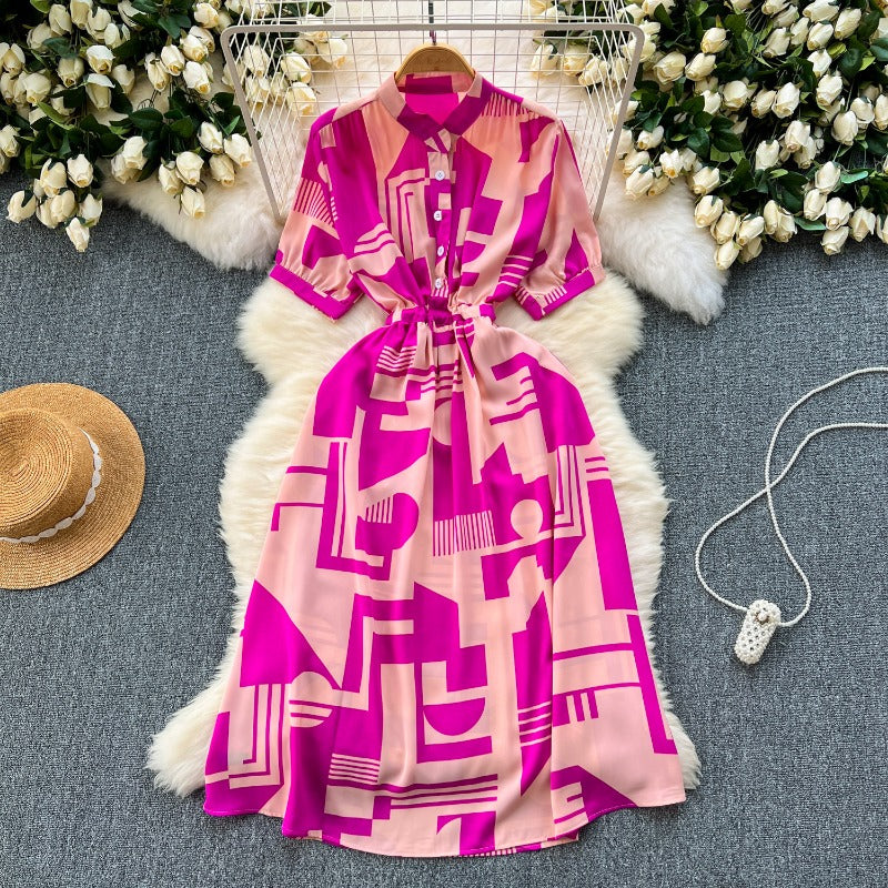 Niche design sense printed dress women's 2025 new summer dress space-up waist thin medium and long holiday skirt