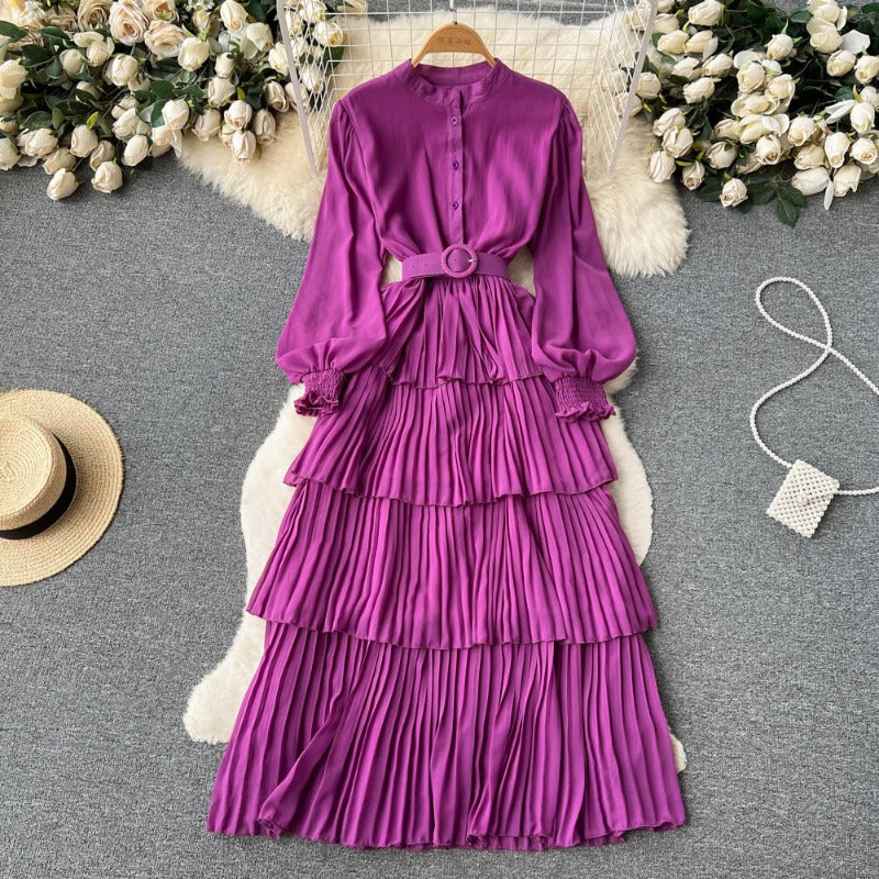 2025 spring and summer new big pendulum long-sleeved chiffon dress women's waist temperament Platycodon coffee break cake long skirt tide