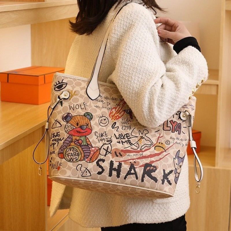 2025 new bag cartoon bear soft skin graffiti printing tote bag handbag large capacity