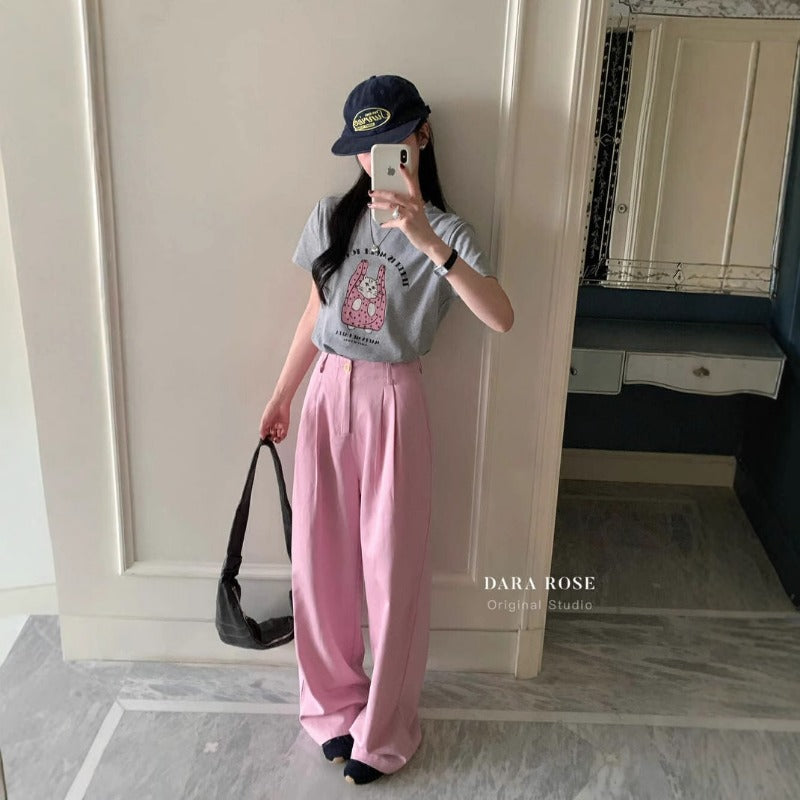 Niche design sense casual T2025 summer new Korean design sense cartoon cat print short-sleeved T-shirt top