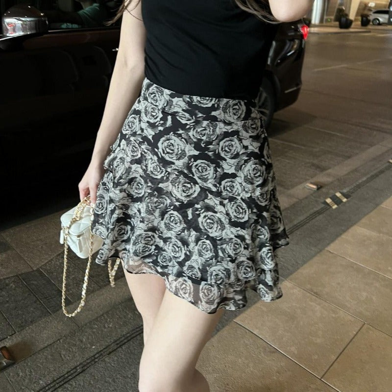 Foreign style high waist and thin ruffle edge floral skirt women's summer new retro French temperament versatile skirt