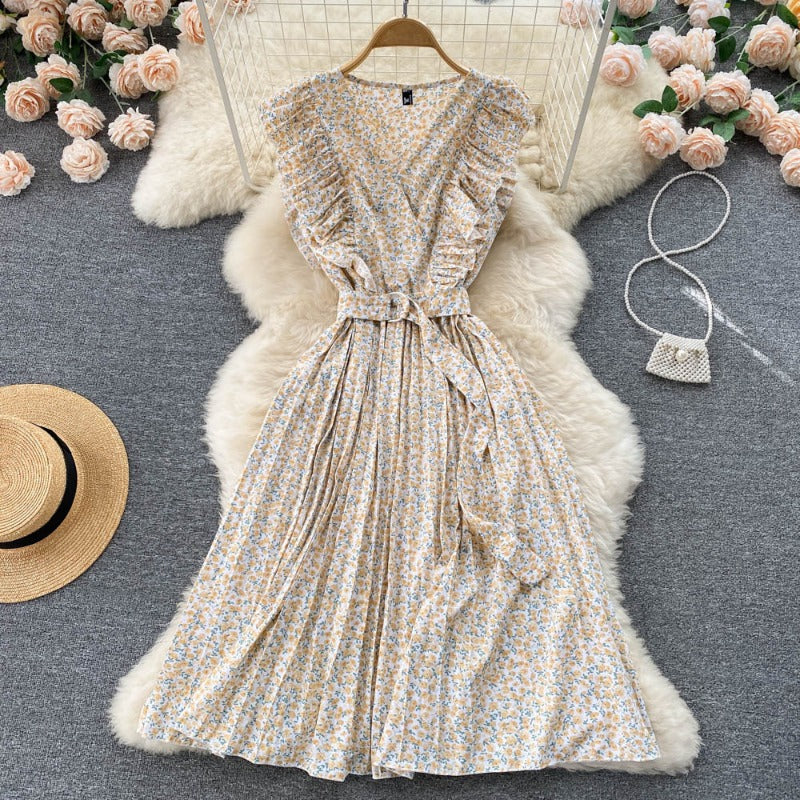 Summer Korean fungus edge girl retro sweet small fresh floral dress space-up waist pleated skirt