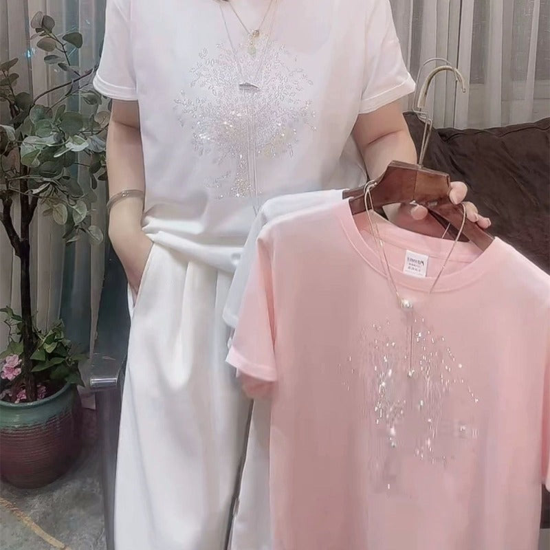 Combed cotton hot diamond short-sleeved T-shirt women's 2025 new versatile t-shirt summer loose and thin round neck foreign style top