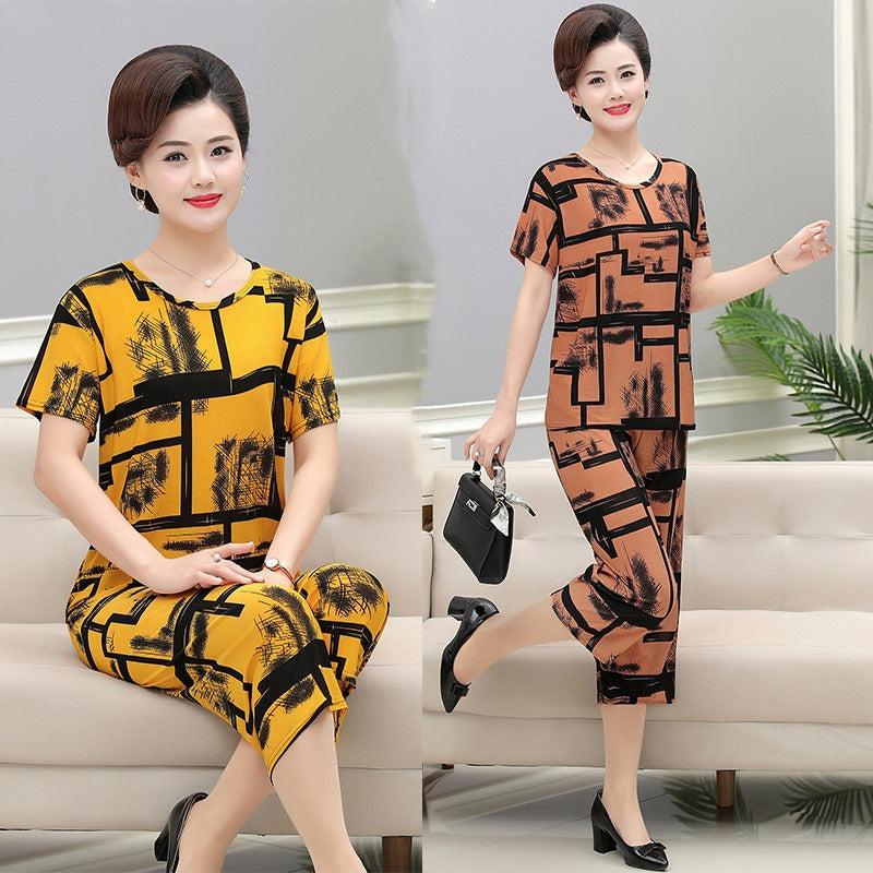 Middle-aged and elderly mother summer two-piece suit middle-aged women's suit women's suit middle-aged and elderly suit