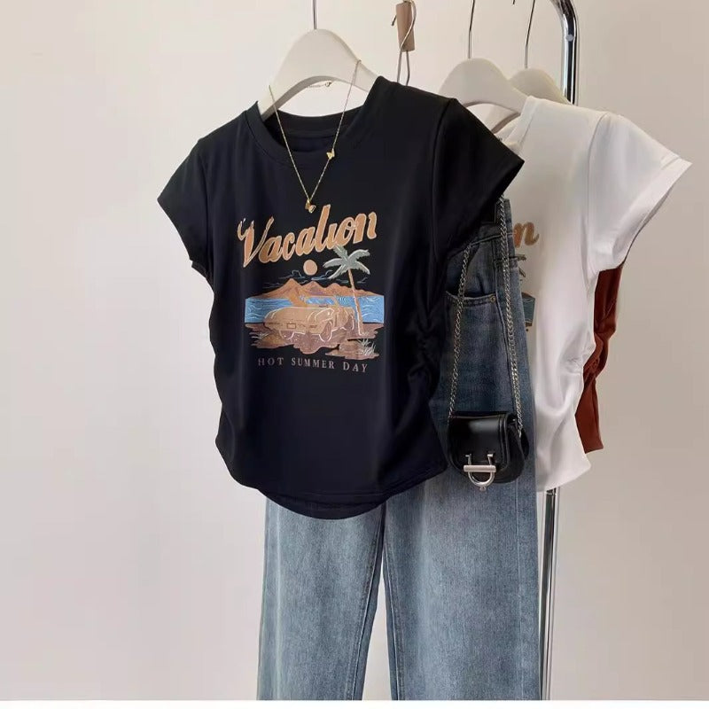 Pure cotton American retro print front shoulder short-sleeved t-shirt women's summer spice slim and thin pleated short top ins