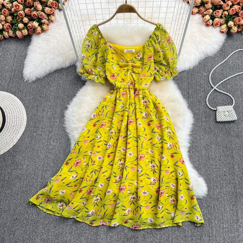 Summer new gentle wind long waist V-neck floral chiffon dress super fairy Mori first love lisianthus skirt