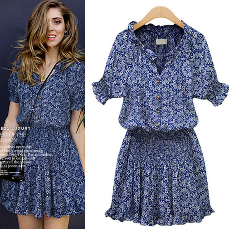 New short-sleeved printed cotton casual versatile V-neck dress