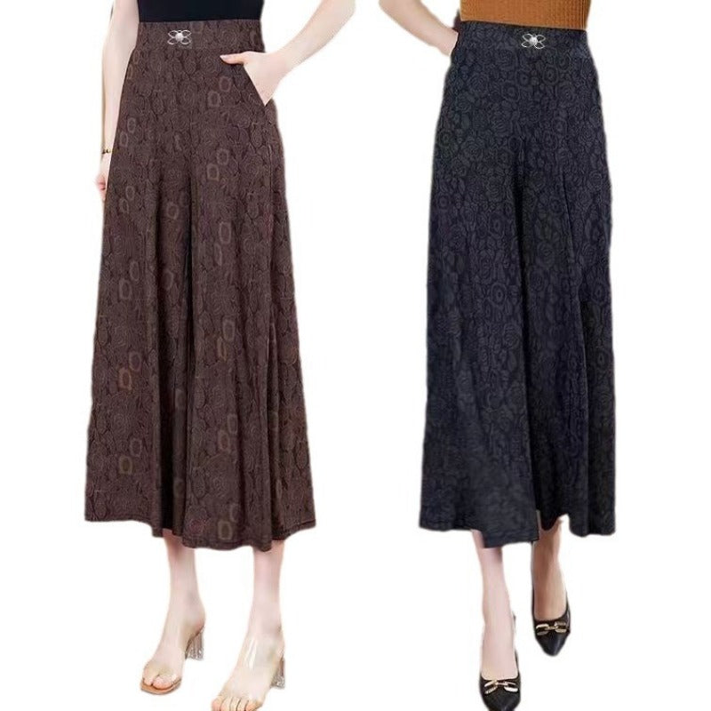 Summer middle-aged and elderly national style women's pants new wide-leg pants women's high waist and thin large size loose casual pants mother culottes