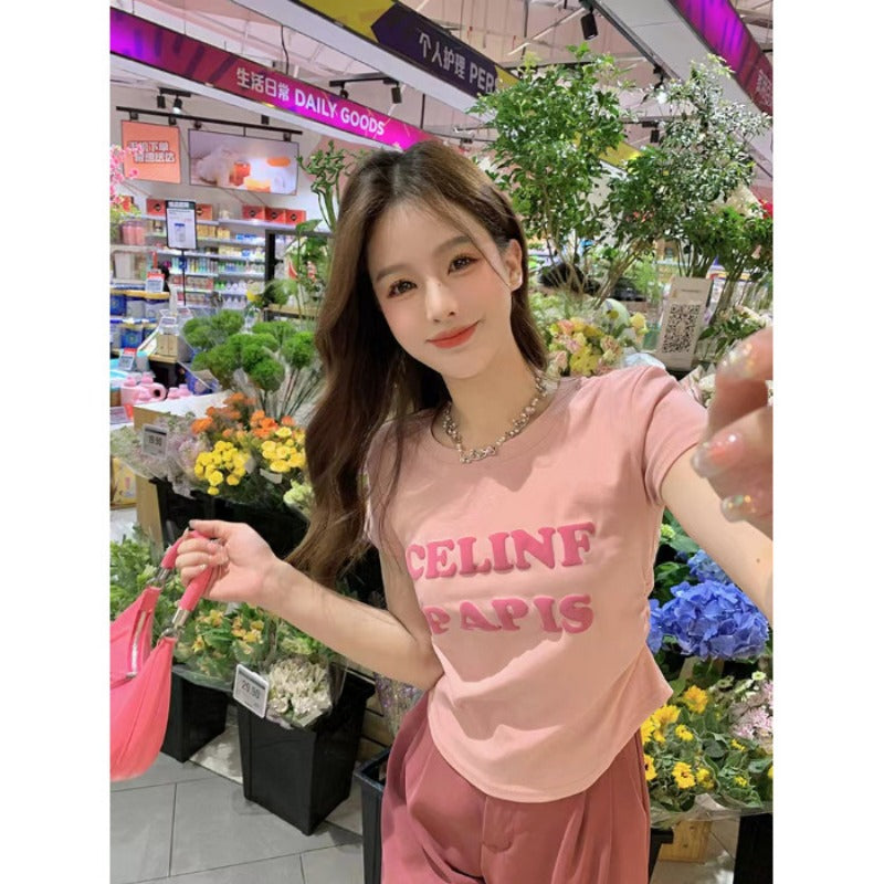 Ice silk threaded, foam letter short-sleeved T-shirt women's summer slim-fit short pleated top