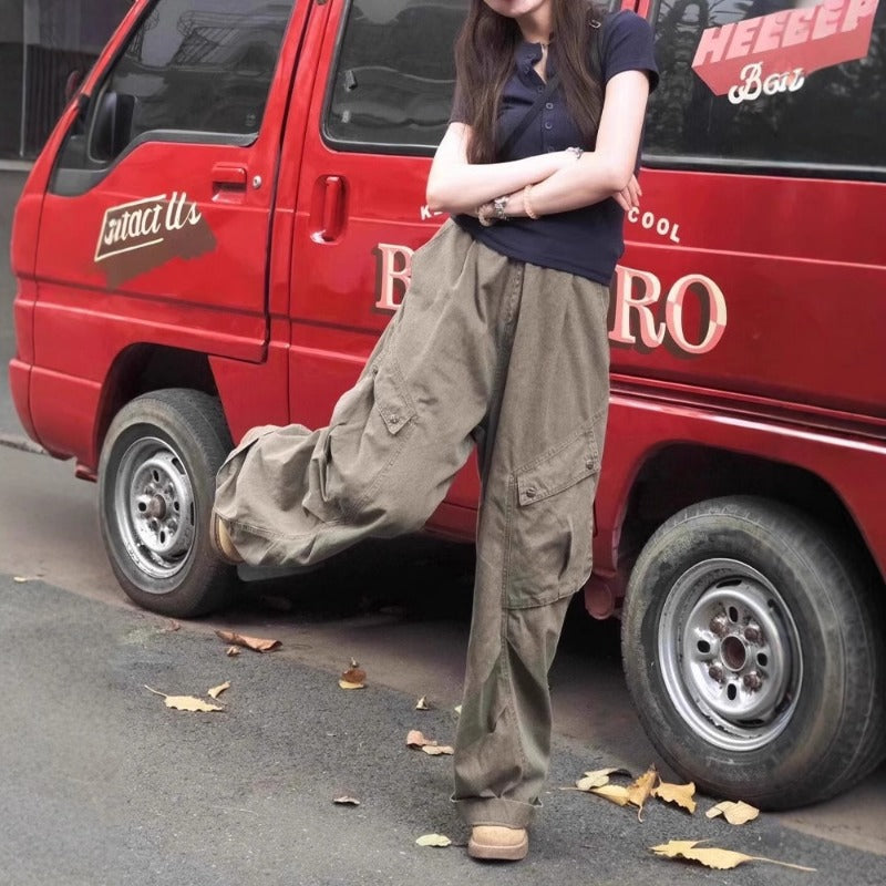 American hip-hop wide-leg overalls jeans women's pleated high-waisted loose straight mopping denim overalls