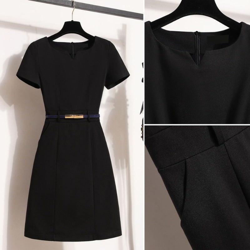 Professional suit skirt temperament V-neck beauty jewelry sales work clothes A-word black waist dress