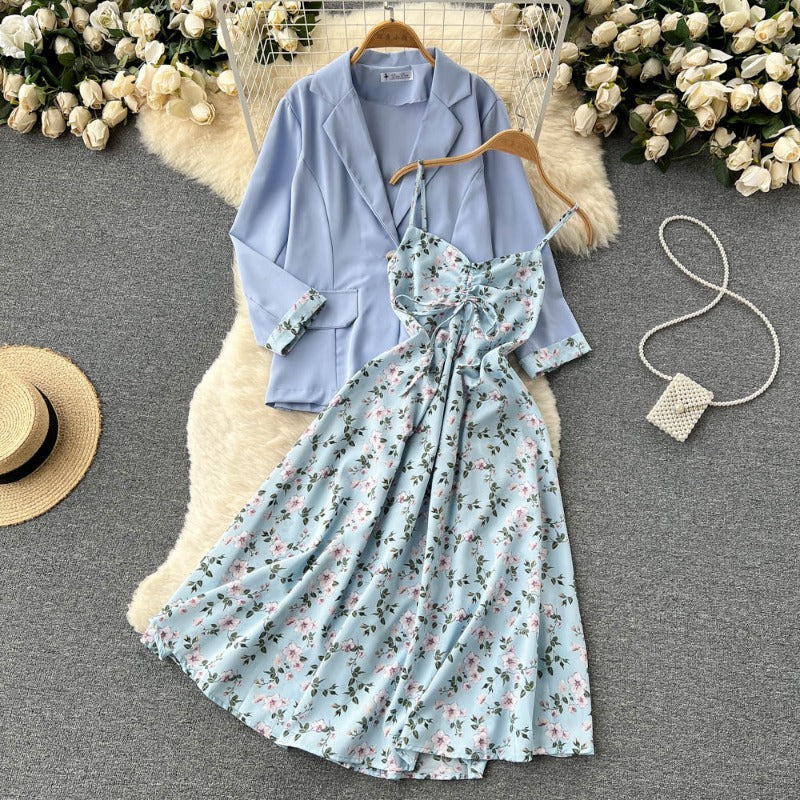 French high-end loose, sweet and salt suit women's long-sleeved suit jacket + floral fairy suspender dress