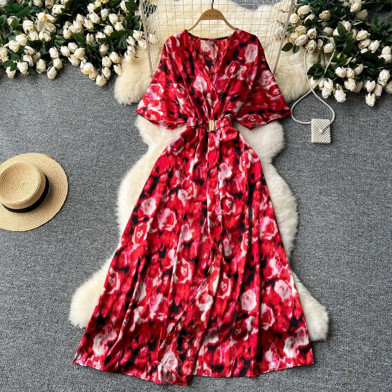 Summer new European and American style niche light luxury retro collar waist thin big swing split printing dress