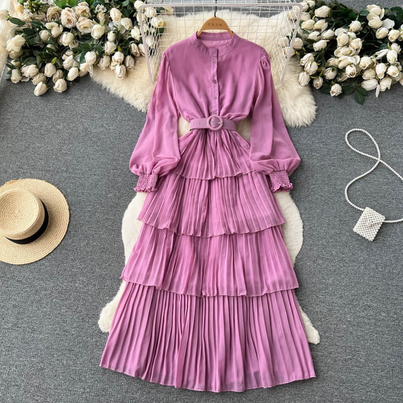 2025 spring and summer new big pendulum long-sleeved chiffon dress women's waist temperament Platycodon coffee break cake long skirt tide
