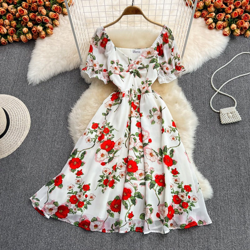 Summer new gentle wind long waist V-neck floral chiffon dress super fairy Mori first love lisianthus skirt