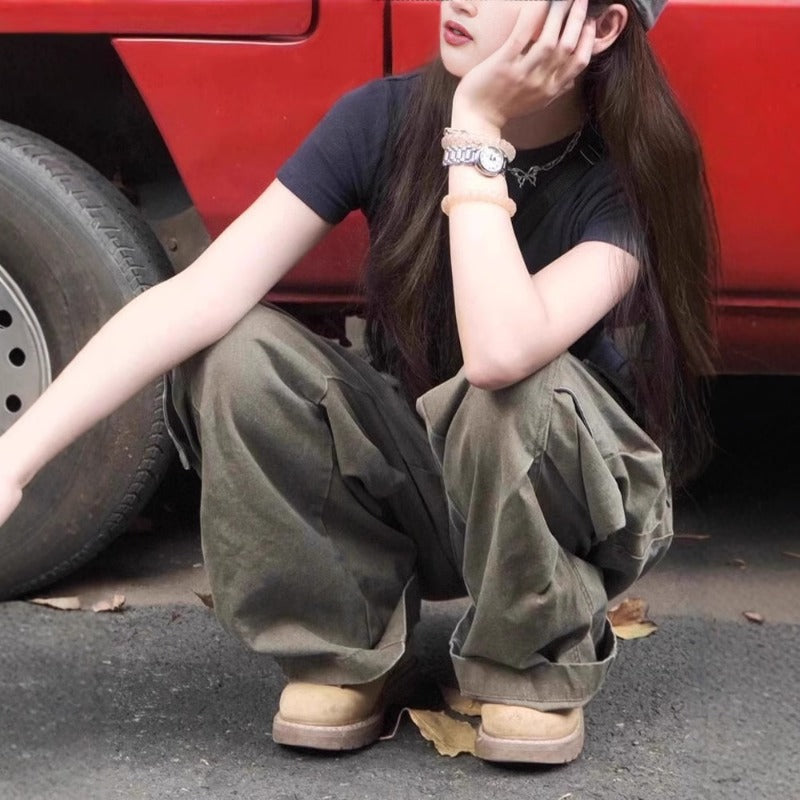 American hip-hop wide-leg overalls jeans women's pleated high-waisted loose straight mopping denim overalls