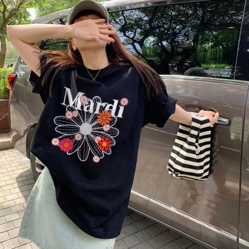 Korean version of pure cotton letter printing temperament round neck short-sleeved T-shirt women's summer new loose simple casual ins top