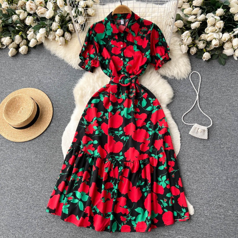 French high-end floral dress women's summer retro style lapel bubble sleeve temperament super fairy coffee break lisianthus skirt