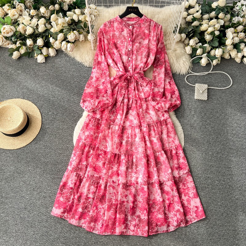 New French floral chiffon dress women's autumn wear new kneee-length dress gentle wind waist gas