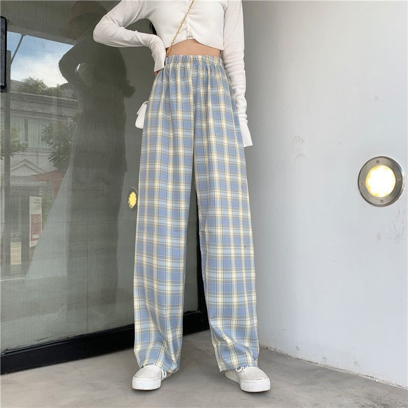 Thin plaid pants women's spring draped straight pants pink loose small pajama pants high waist plaid wide leg pants