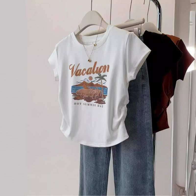 Pure cotton American retro print front shoulder short-sleeved t-shirt women's summer spice slim and thin pleated short top ins