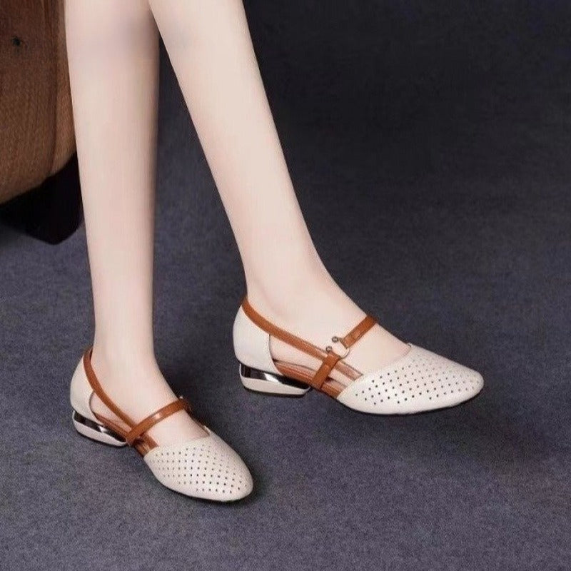 2025 new summer bag head sandals women's soft leather soft sole women's shoes flat sole single shoes low heel round head mother shoes