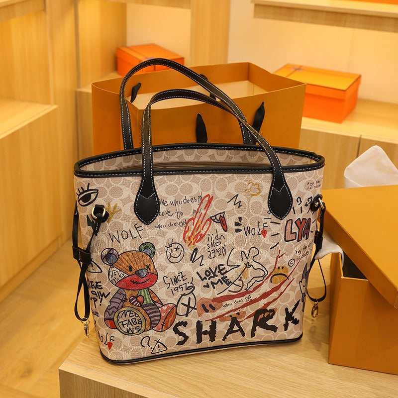 2025 new bag cartoon bear soft skin graffiti printing tote bag handbag large capacity