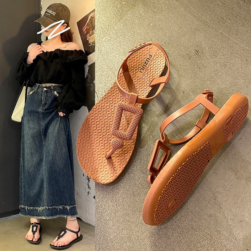 Roman sandals women's summer outer wear new Korean version fashion one-word buckle strap student non-slip flat-bottomed cool slippers