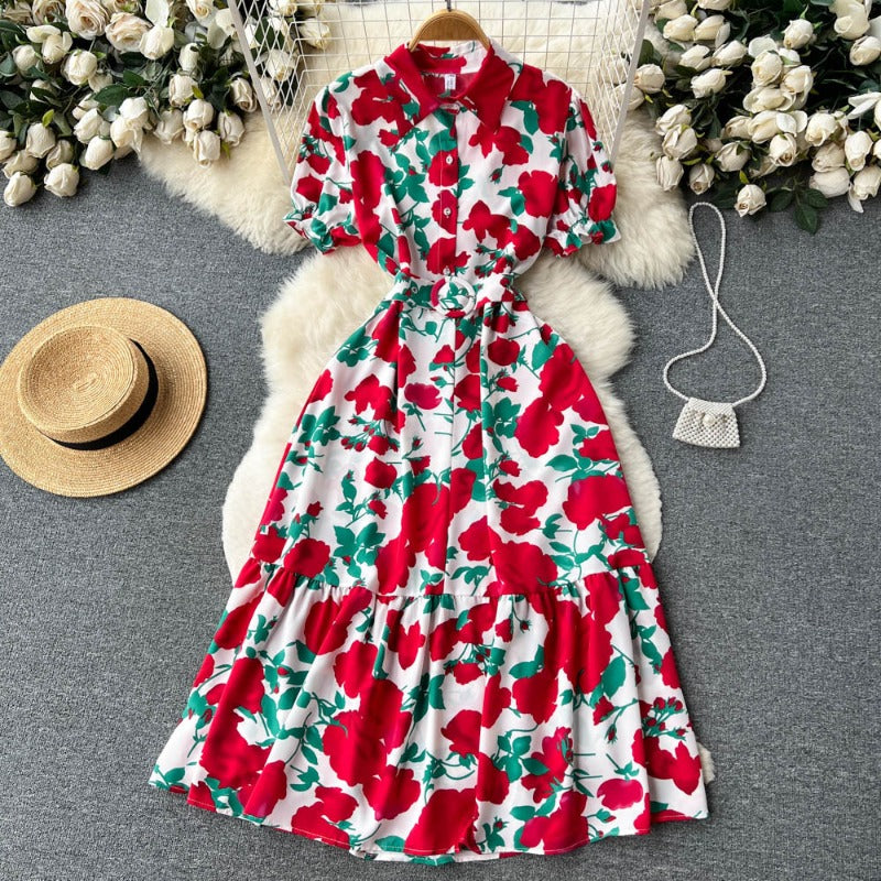French high-end floral dress women's summer retro style lapel bubble sleeve temperament super fairy coffee break lisianthus skirt