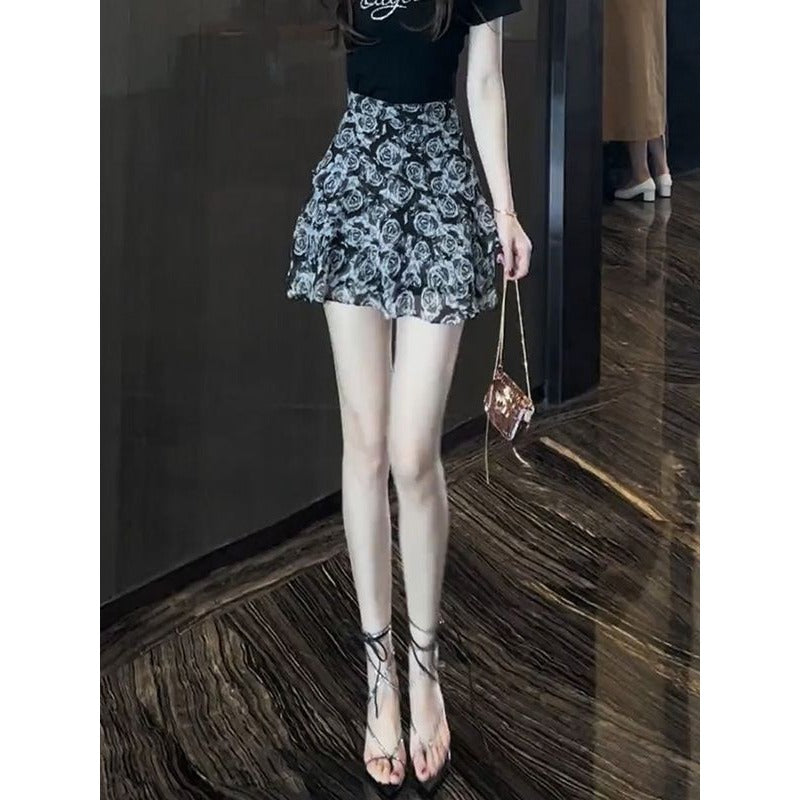 Foreign style high waist and thin ruffle edge floral skirt women's summer new retro French temperament versatile skirt