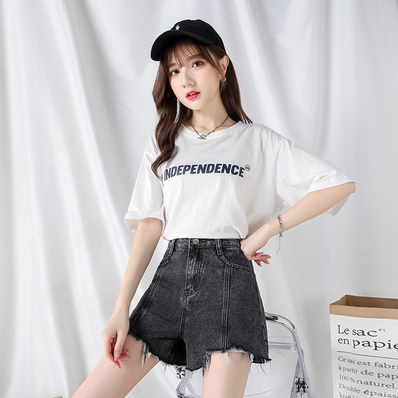 High waist denim shorts women's summer news loose and thin A word outside wear Internet celebrity temperament wide leg hot pants tide