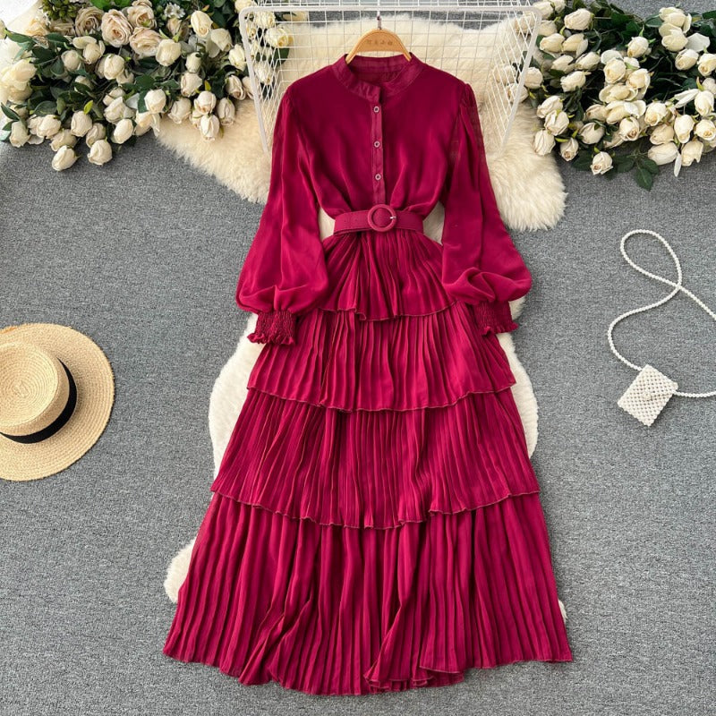 2025 spring and summer new big pendulum long-sleeved chiffon dress women's waist temperament Platycodon coffee break cake long skirt tide
