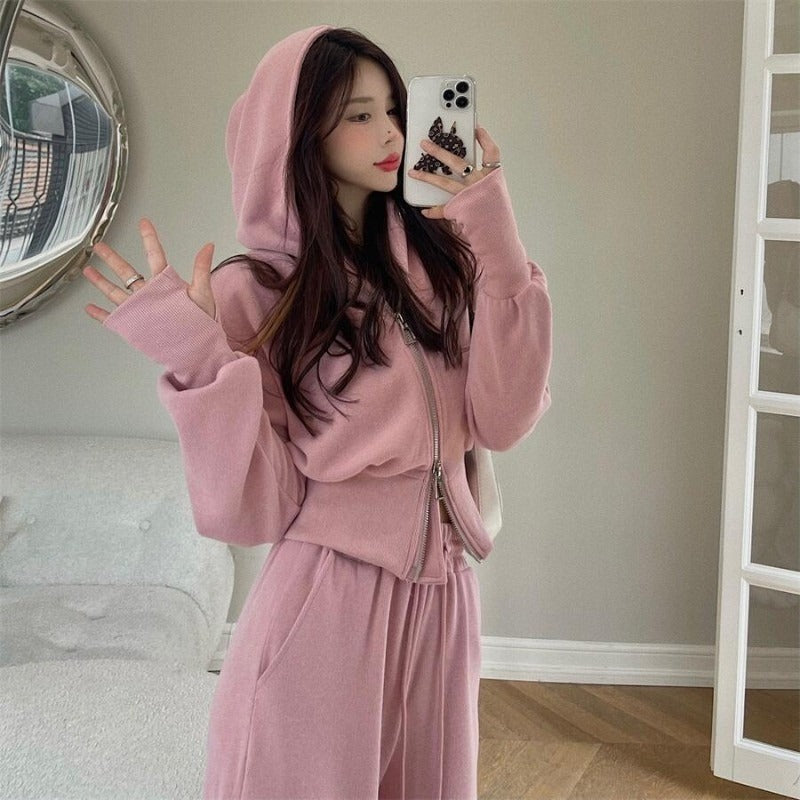 Casual sports suit women's 2025 early spring new Korean version hooded jacket high waist drawstring leggings two-piece set