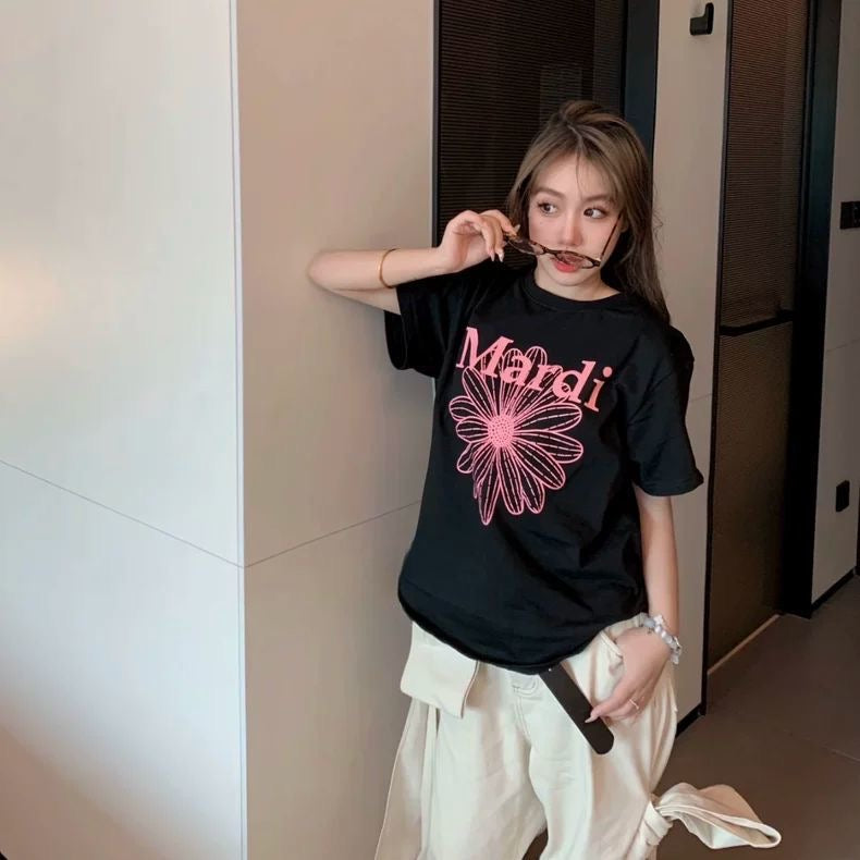 Korean version of pure cotton letter printing temperament round neck short-sleeved T-shirt women's summer new loose simple casual ins top