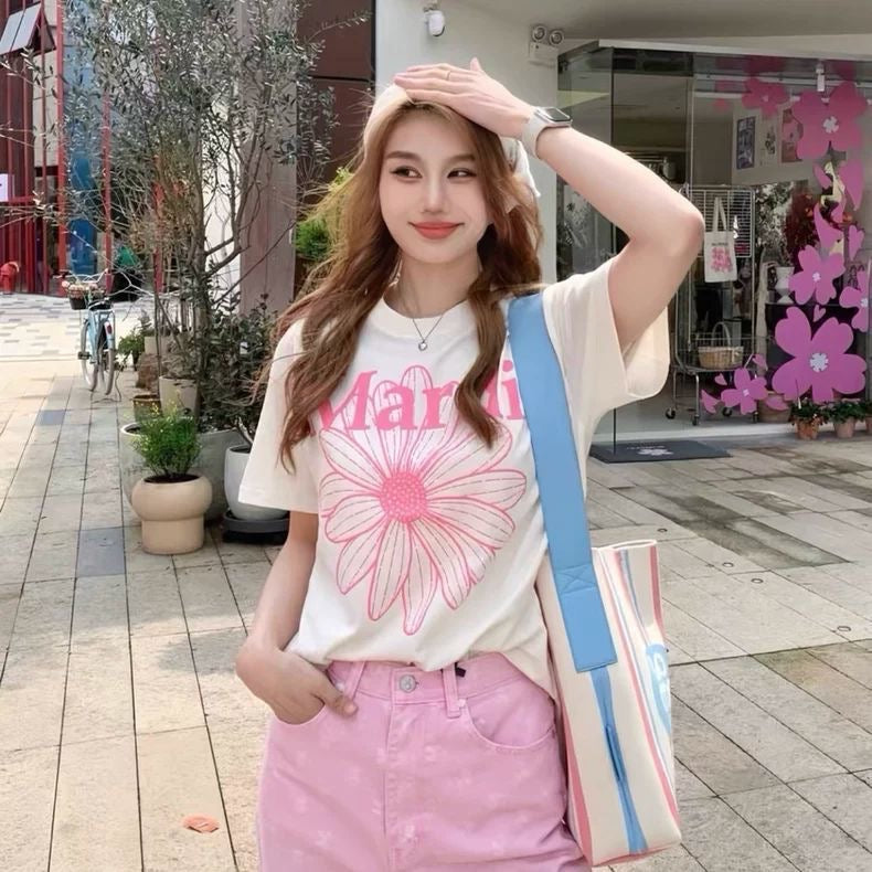 Korean version of pure cotton letter printing temperament round neck short-sleeved T-shirt women's summer new loose simple casual ins top