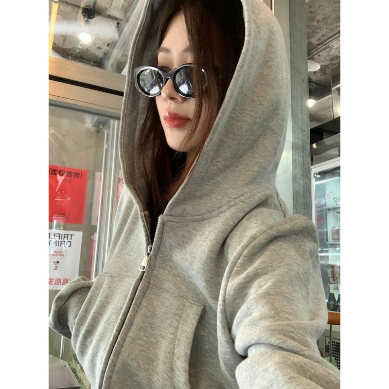 Grey hooded sweater jacket women's early spring 2025 new zipper cardigan short top