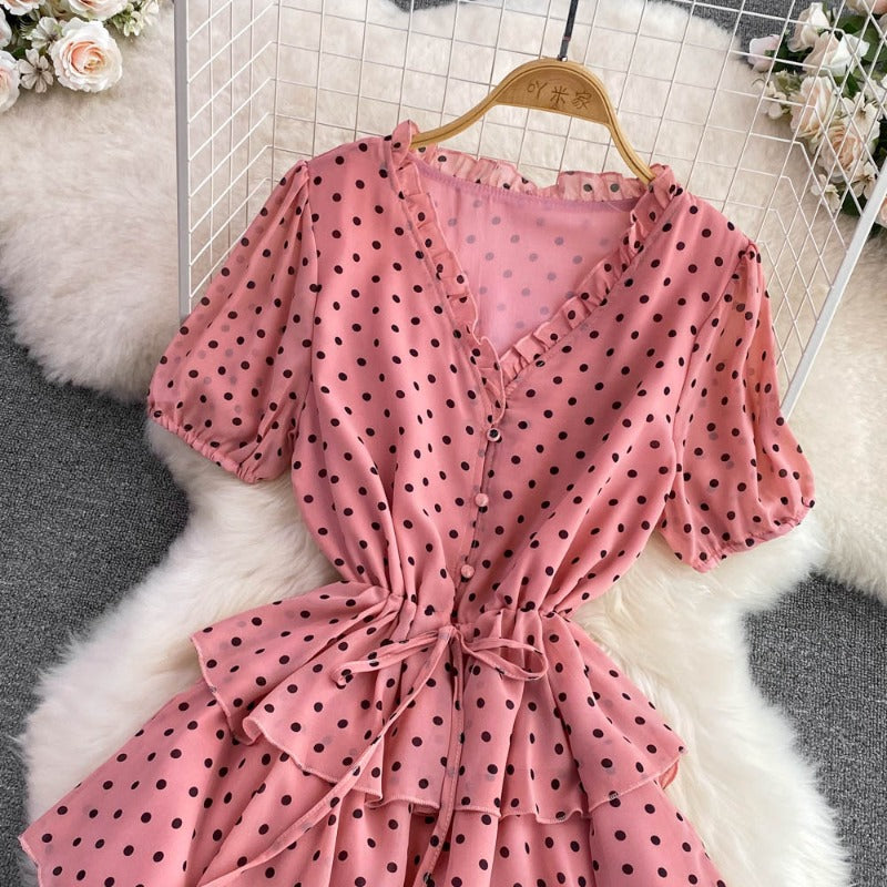 Summer gentle wind collar bubble short sleeves waist thin polka dot dress elegant temperament big pendulum long skirt