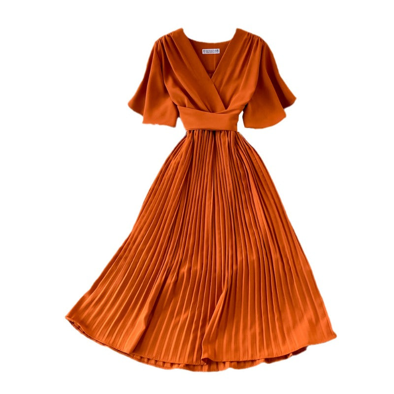 2025 summer new V-neck short-sleeved dress over the knee slim temperament waist lace-up big pendulum pleated long dress